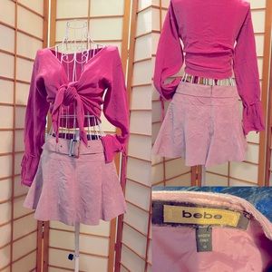 Bebe Cute Pink Suede belted Flare Mini Skirt